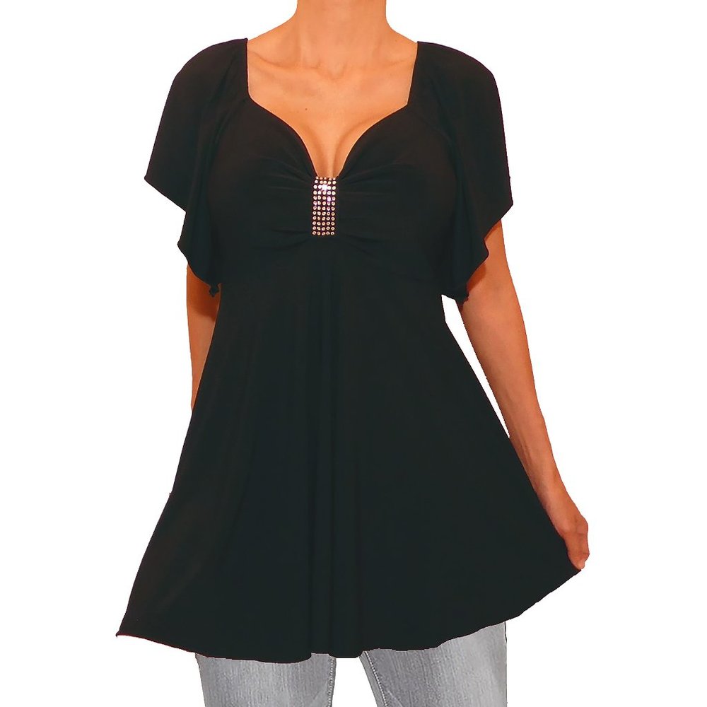 Funfash Plus Size Black Rhinestones Top USA Made